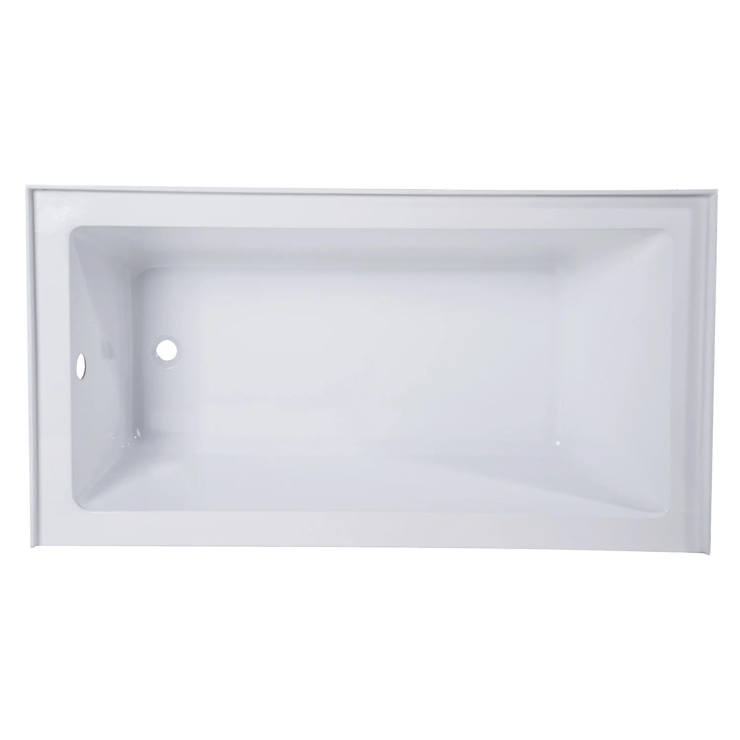 Glossy white rectangular acrylic alcove bathtub interior view.
