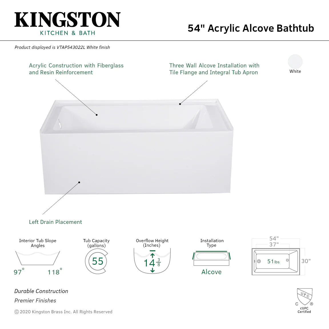White 54 in rectangular alcove acrylic bathtub with glossy finish.