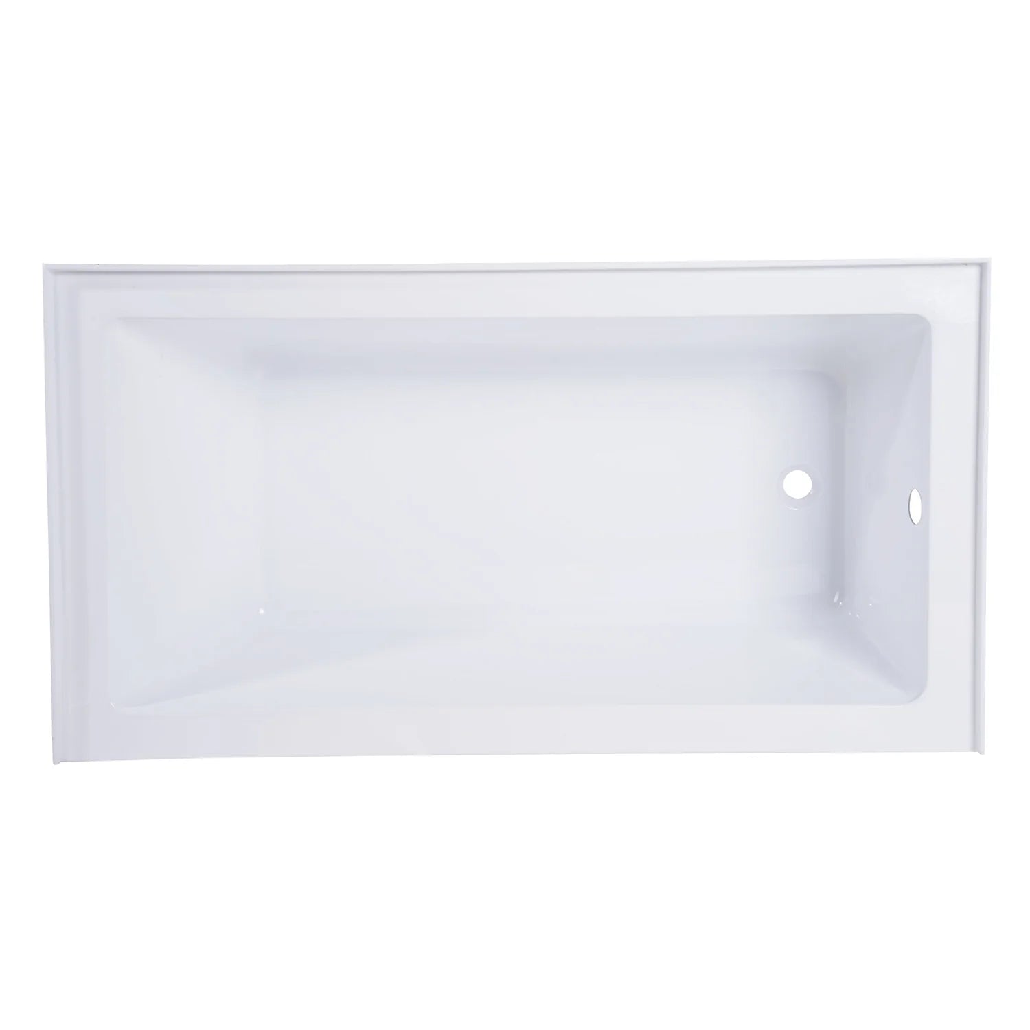 Glossy white rectangular acrylic alcove bathtub with wide rim and open interior