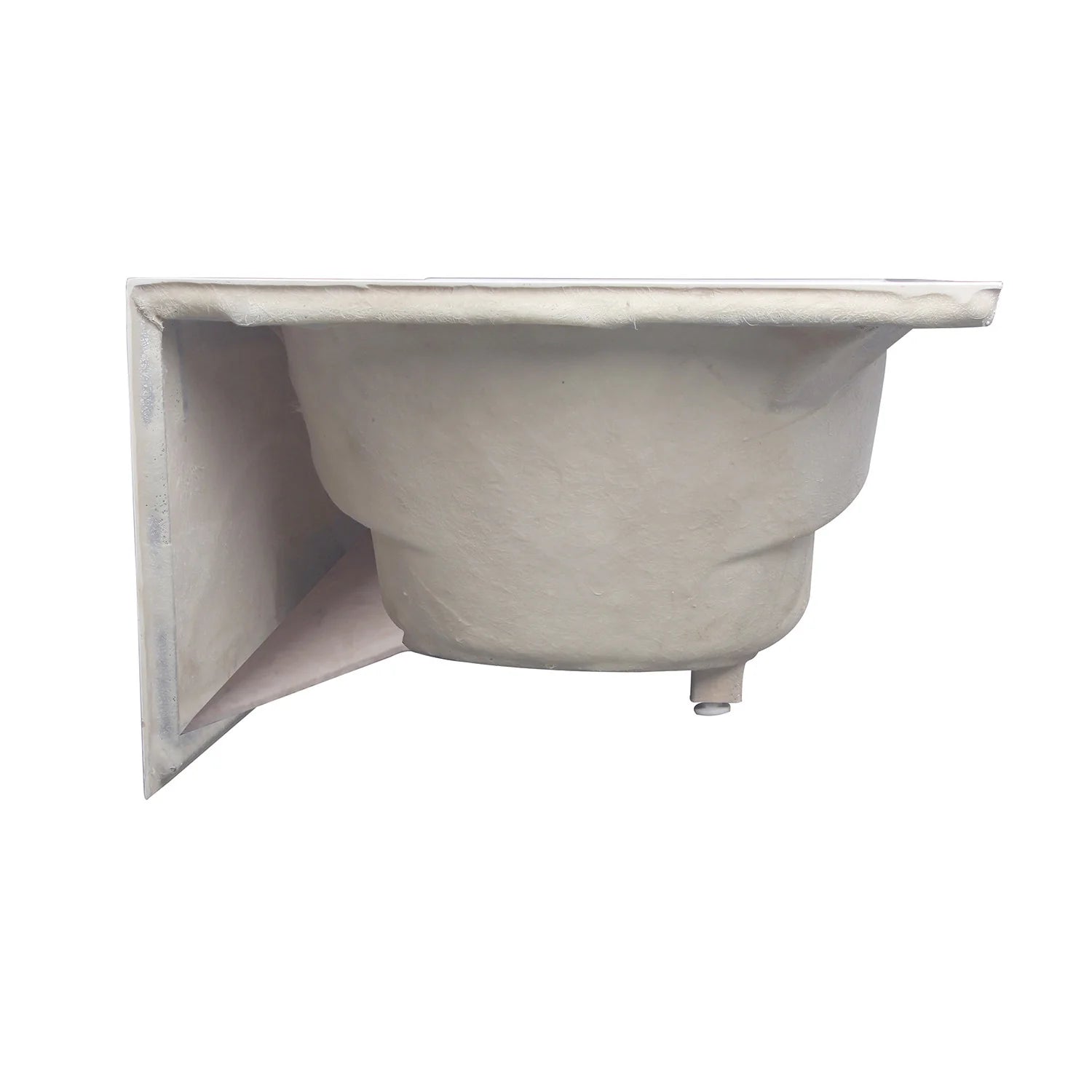 Underside view of glossy white acrylic alcove tub with integral apron