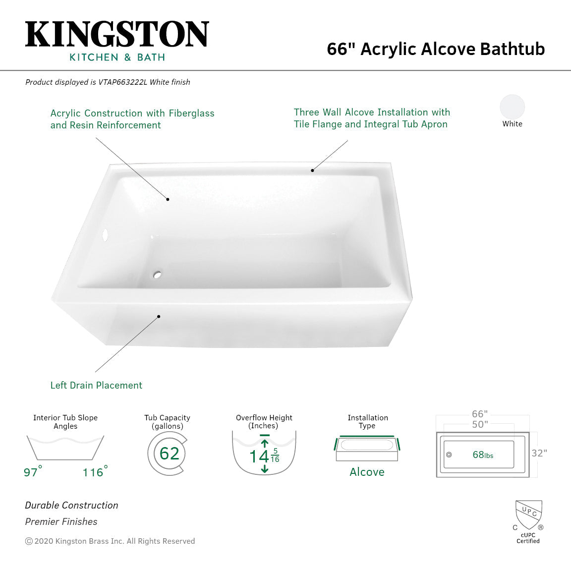 Aqua Eden 66" Acrylic Rectangular 3-Wall Alcove Tub, Left Hand Drain in Glossy White