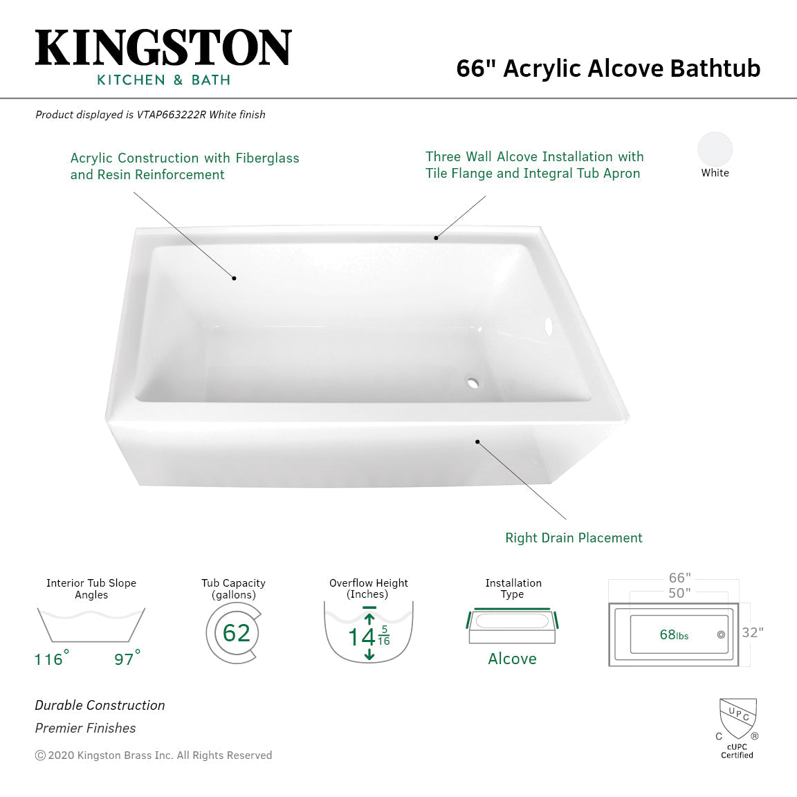 Aqua Eden 66" Acrylic Rectangular 3-Wall Alcove Tub, Right Hand Drain in Glossy White