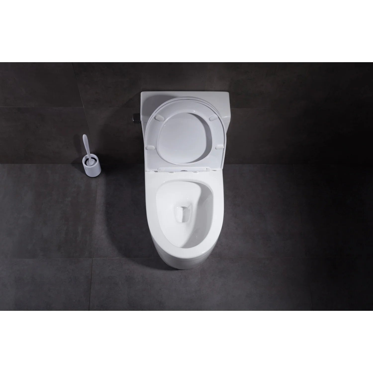 One-piece elongated toilet in white with open tank lid and open seat