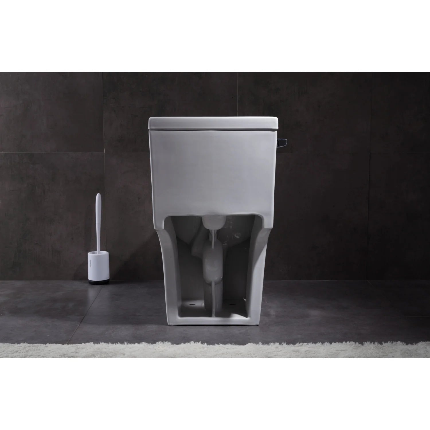 One-piece elongated toilet shown from behind in white