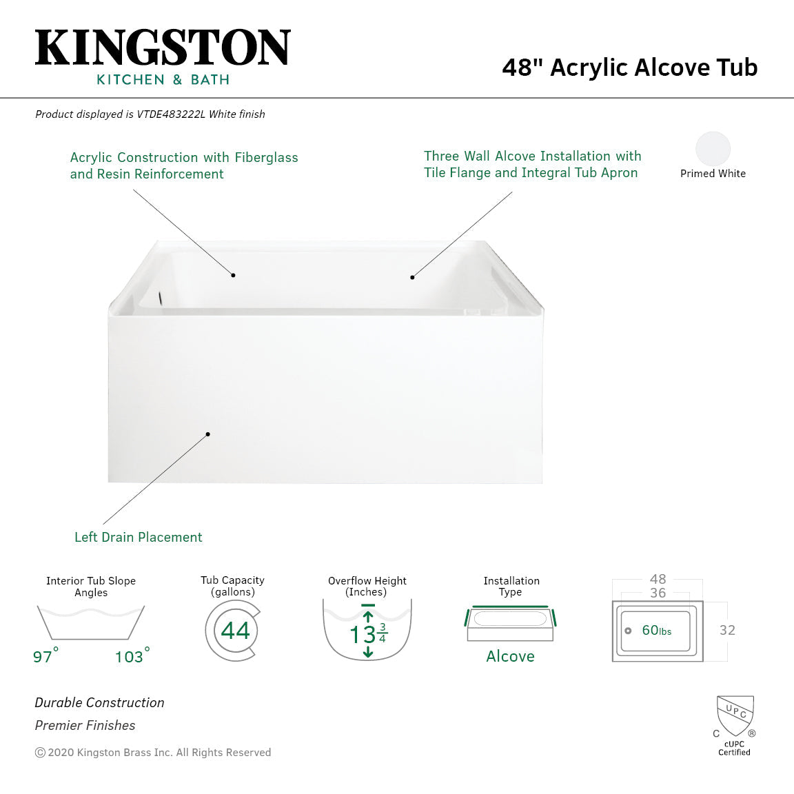Aqua Eden 48" Acrylic Rectangular 3-Wall Alcove Tub, Left Hand Drain Hole in Glossy White