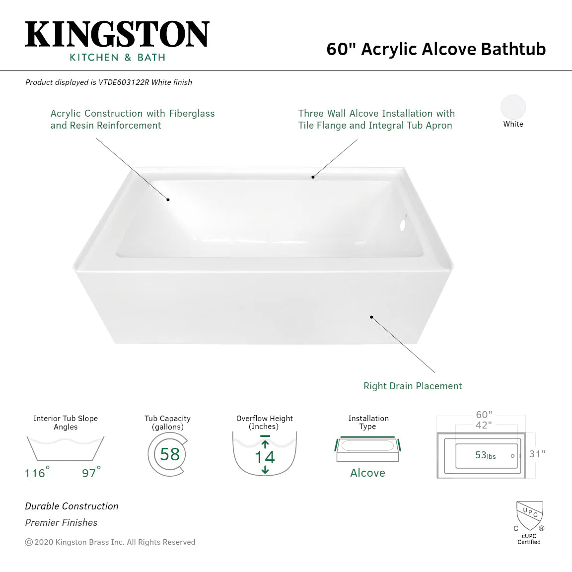 White acrylic rectangular alcove bathtub with glossy finish and right-side drain