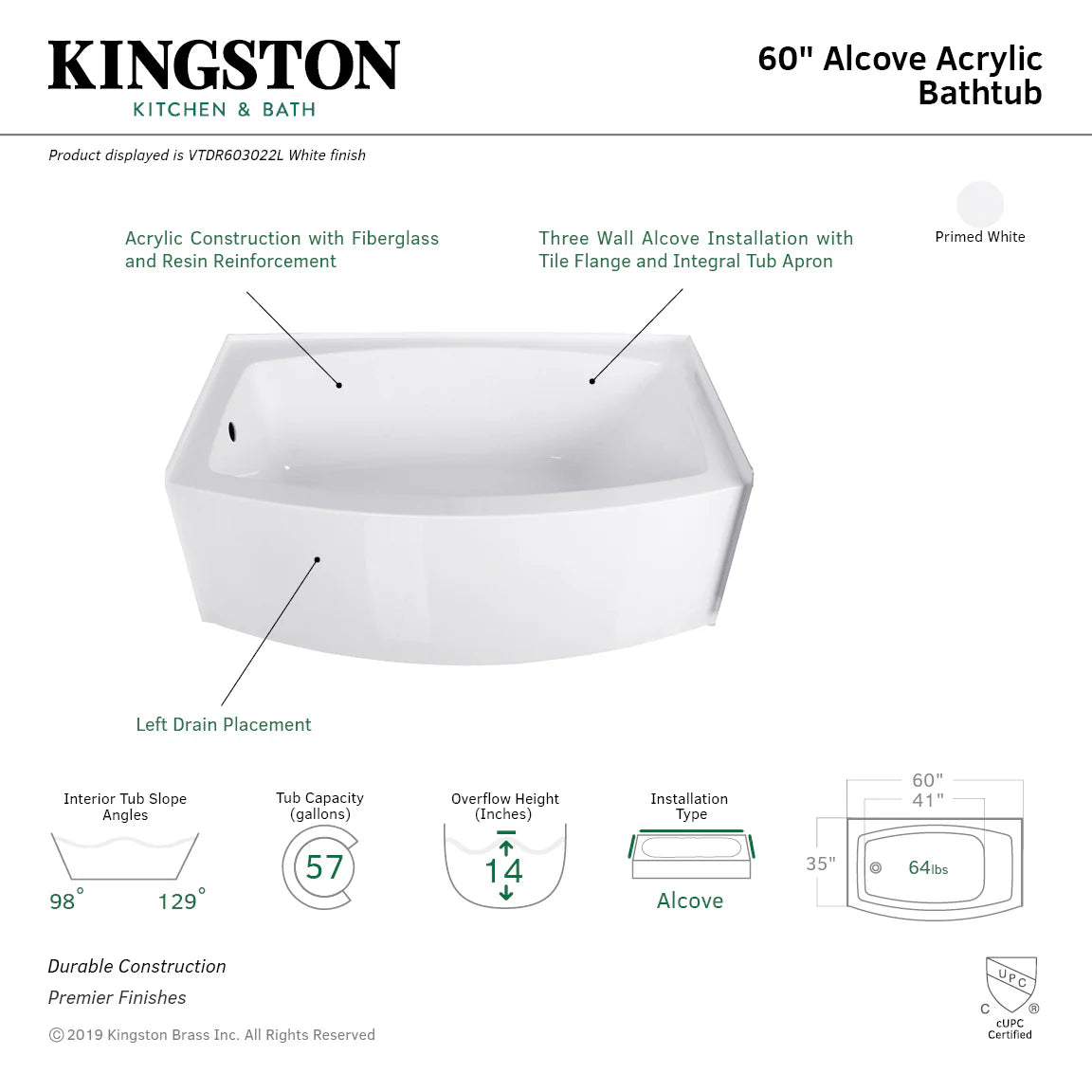 60-in glossy white acrylic alcove bathtub with left drain placement