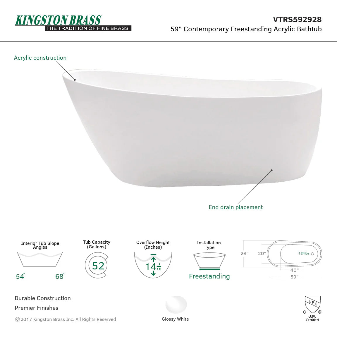 Glossy white oval freestanding acrylic bathtub with centered tub drain position