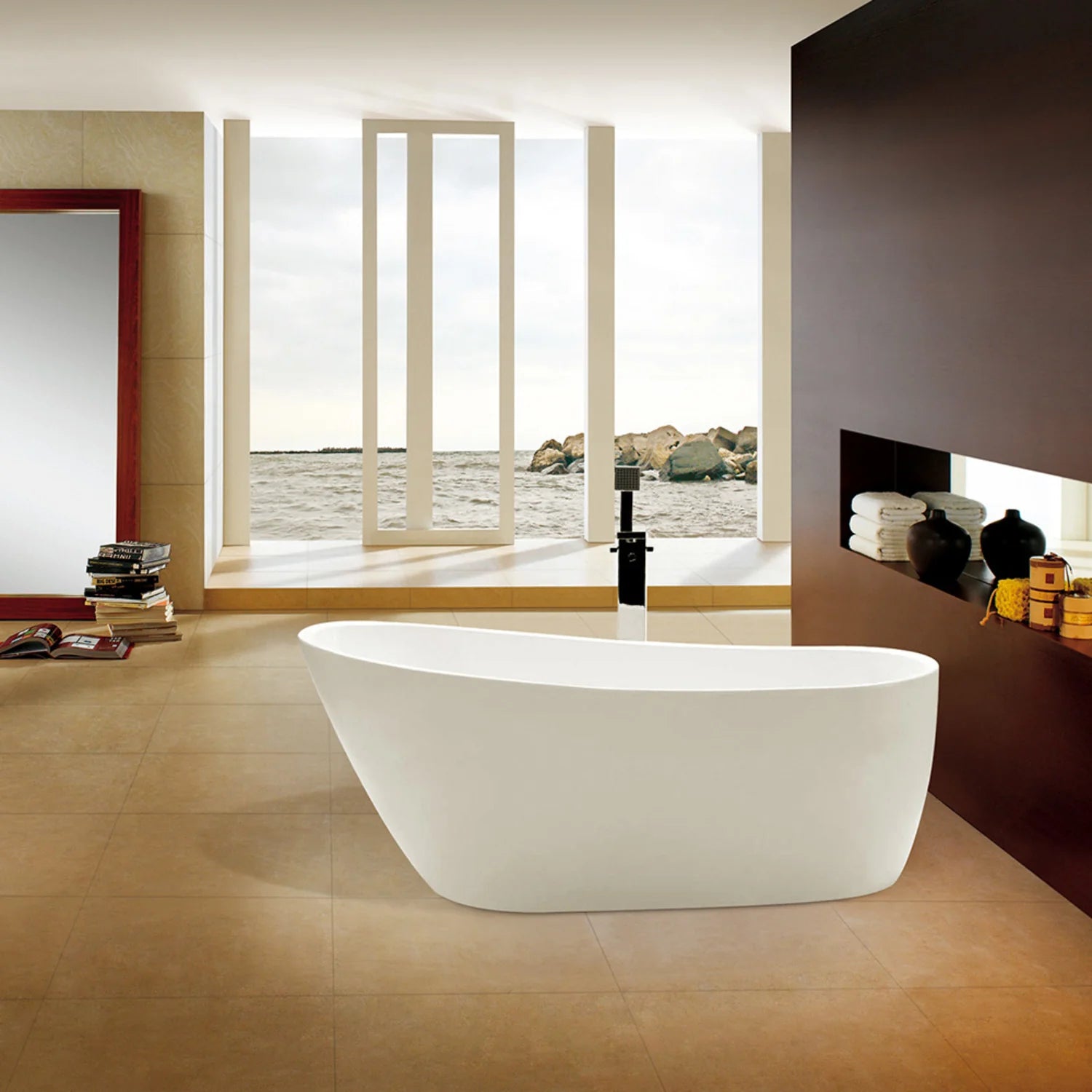 Glossy white oval freestanding acrylic bathtub, wide front view in open room