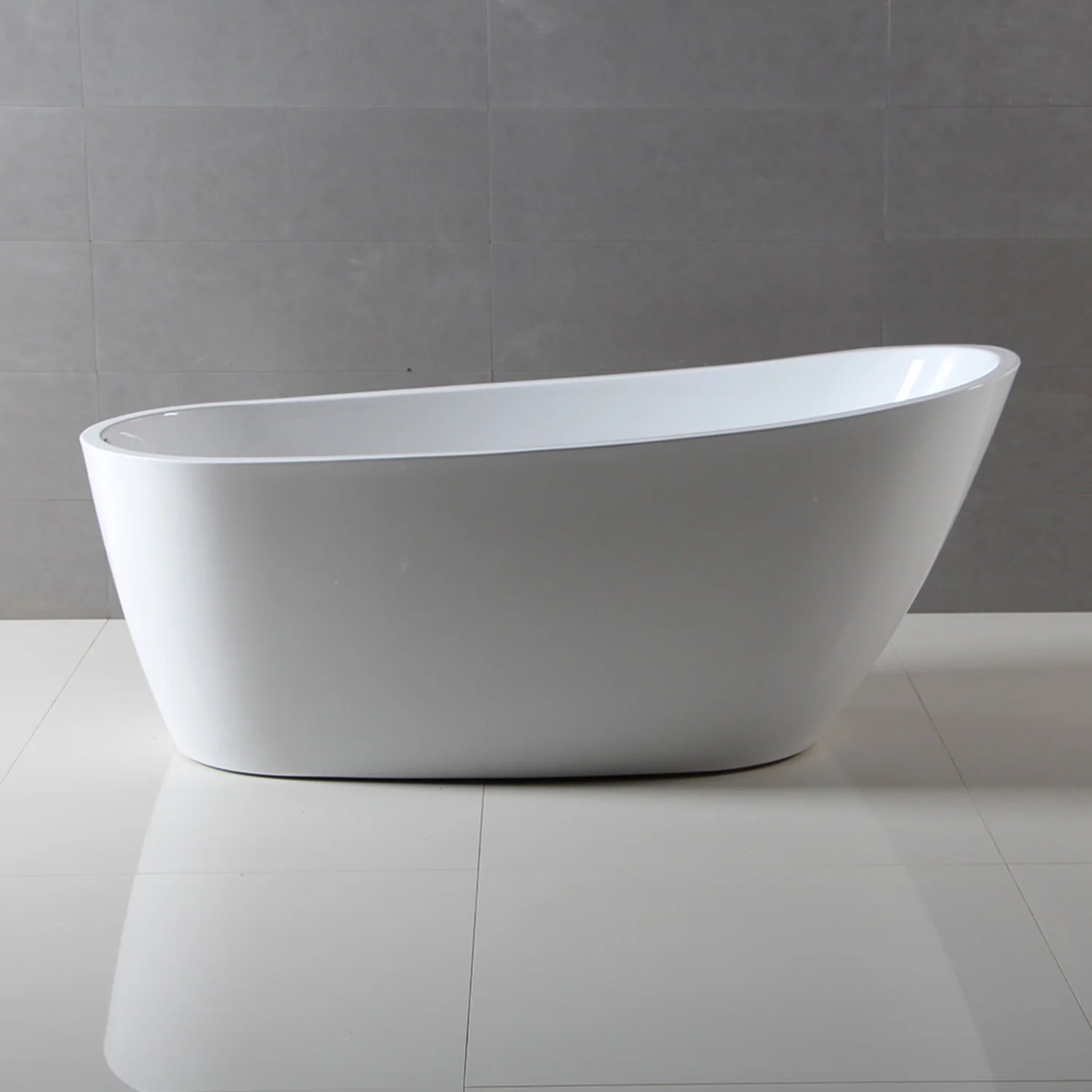 Glossy white oval freestanding acrylic bathtub, side view with wide interior
