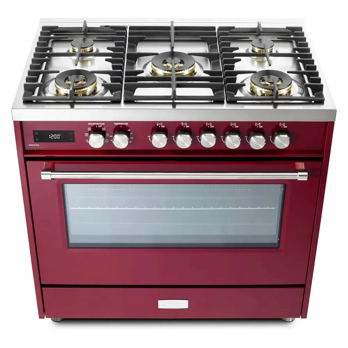 Countertop view of burgundy range showing five burners and control knobs