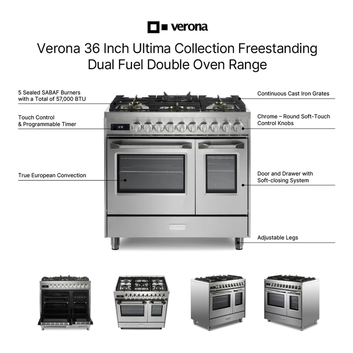 Verona Ultima Collection 36-Inch Double Oven Dual Fuel Range with 5 Brass Burners, 4.1 Cu. Ft. Total Oven Capacity in Stainless Steel (VUFSGE365DSS)