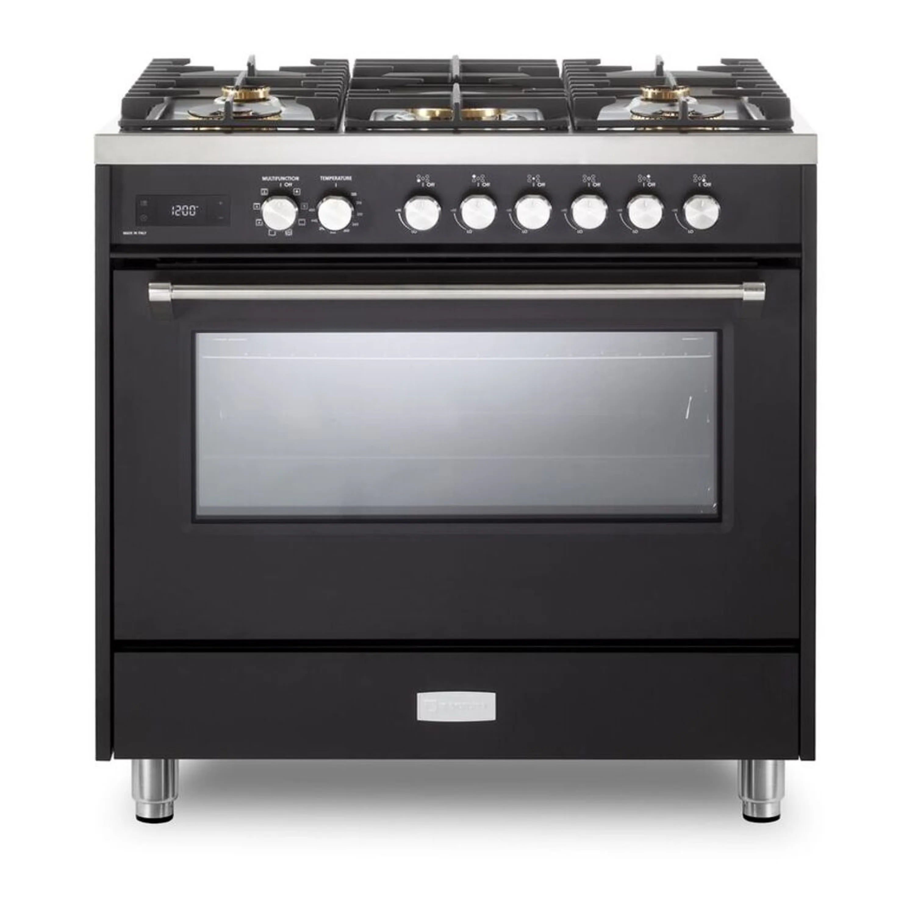 Matte black dual-fuel range with 5 sealed gas burners and full-size oven door