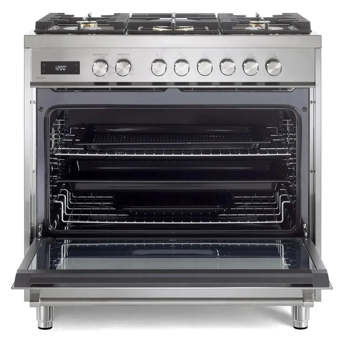 Dual fuel range with oven door open, revealing racks inside