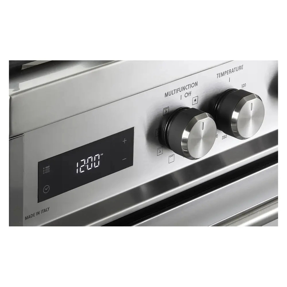 Stainless steel range front with digital timer display and large temperature knob