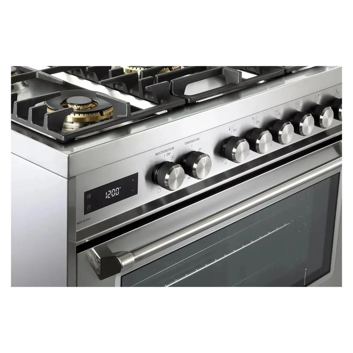 Stainless steel control panel with knobs and digital display on a dual fuel range
