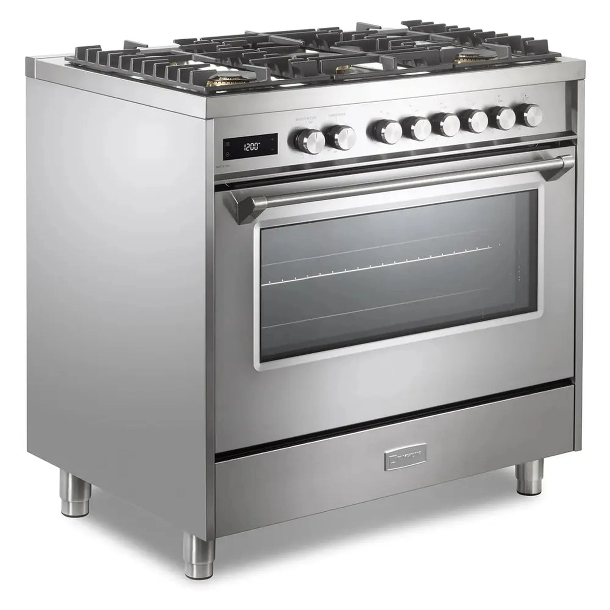 Stainless steel dual fuel range with 5 burners, control knobs, and oven door