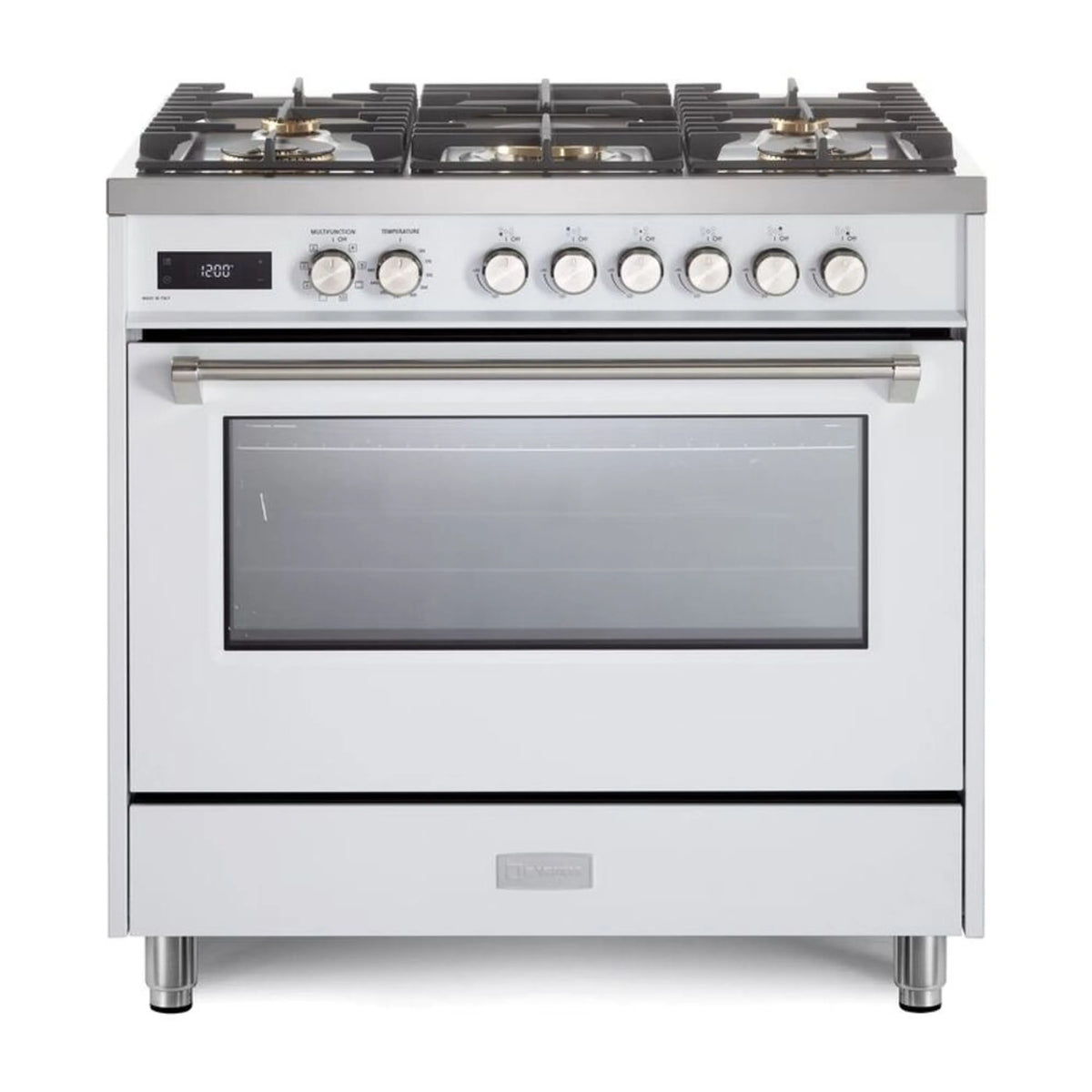 White dual fuel range with five-burner cooktop and closed oven door