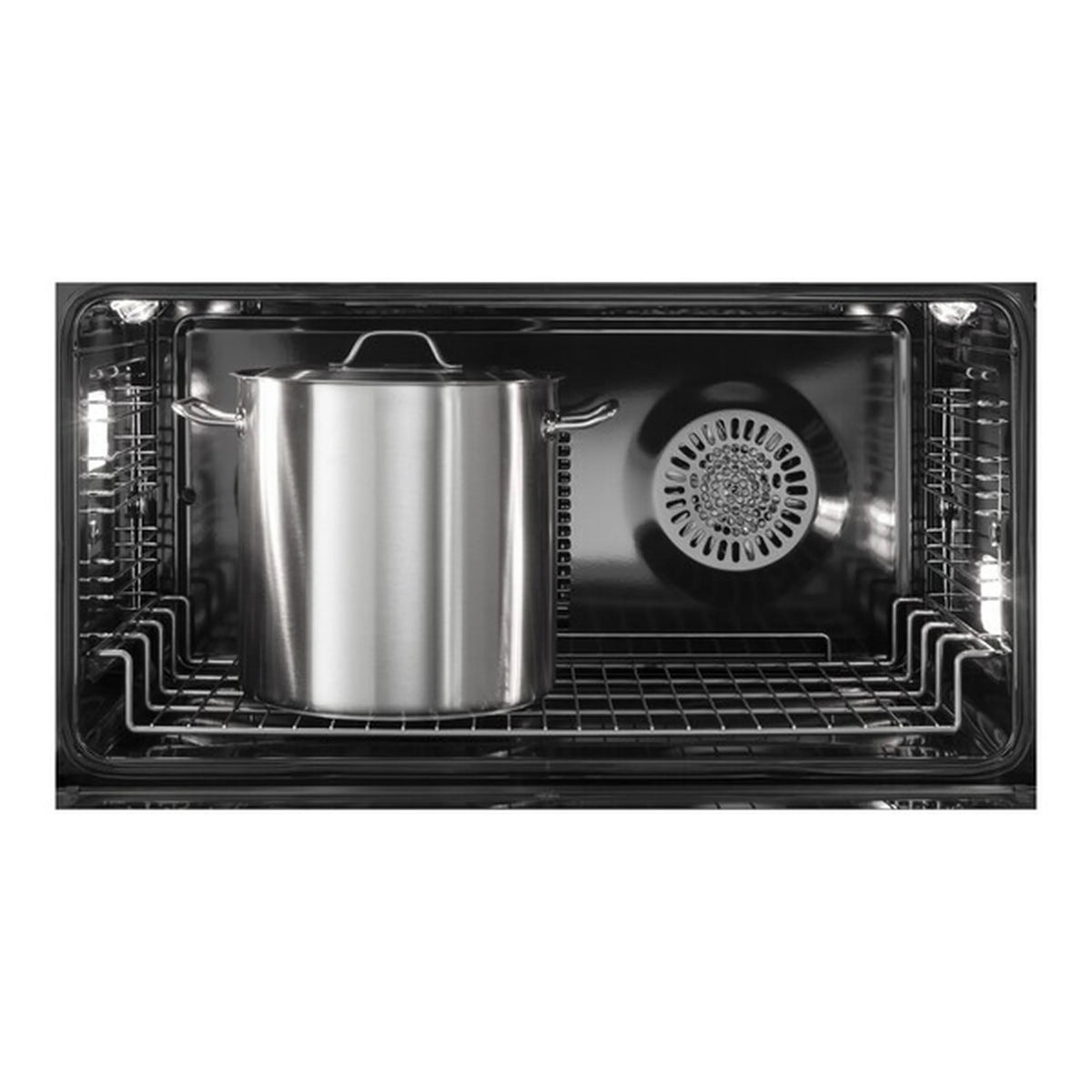 Stainless steel oven interior with racks and cooking pot on bake tray