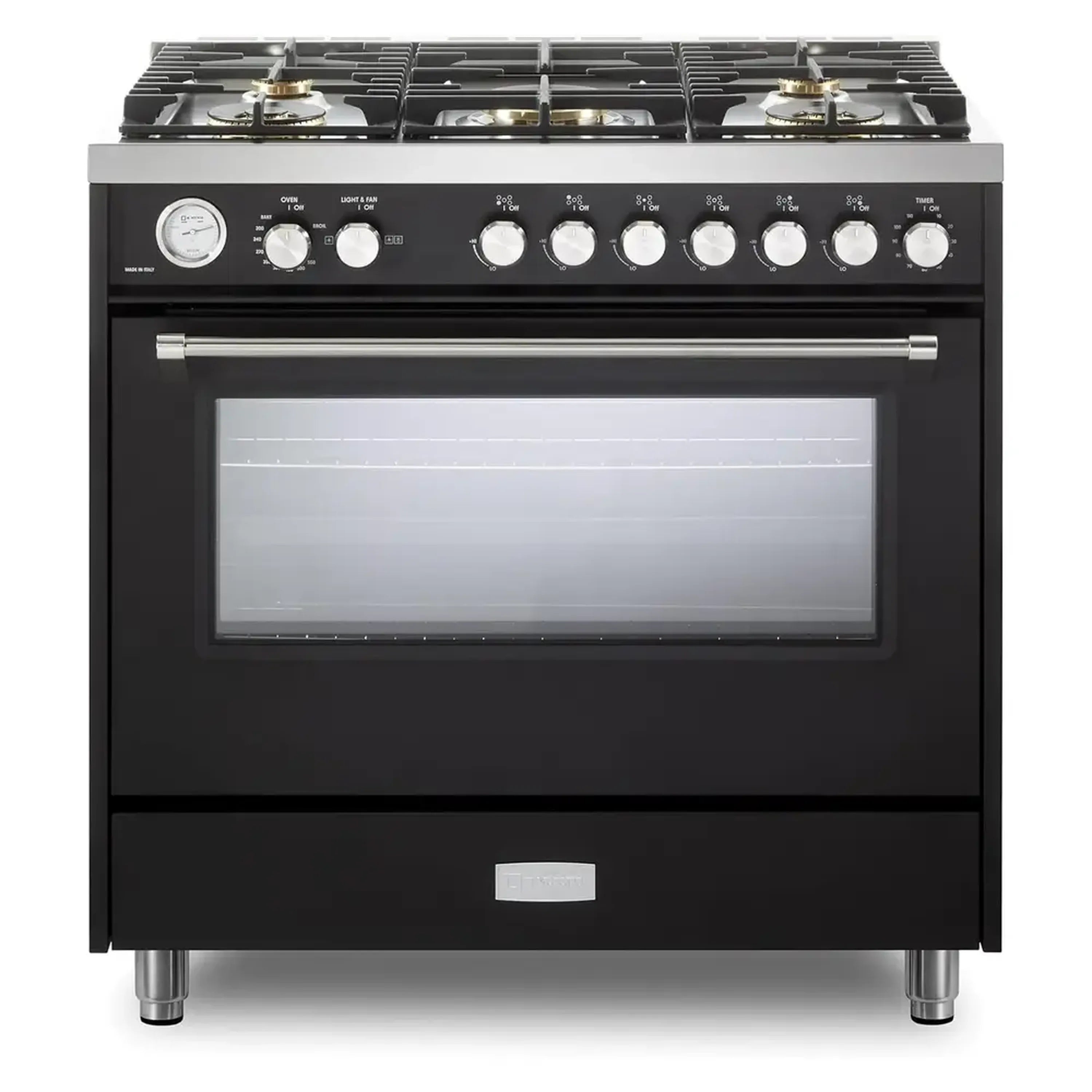 Black gas range with oven door, window, and control panel with multiple knobs