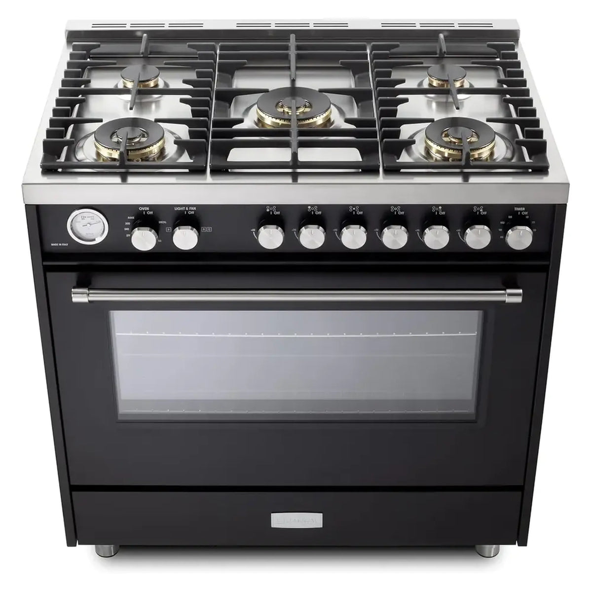 Matte black gas range with 5 sealed burners and closed oven door, top view
