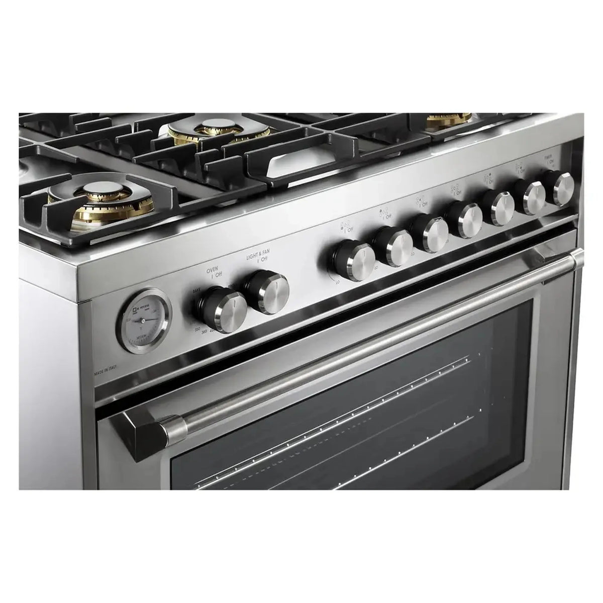 Stainless steel gas range control panel with burner grates and oven window