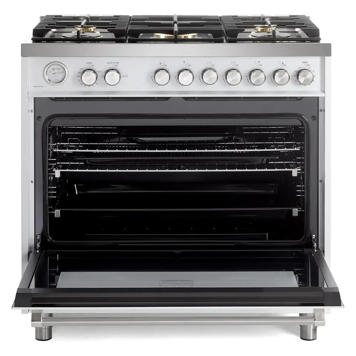 White gas range with oven door open, showing racks and interior