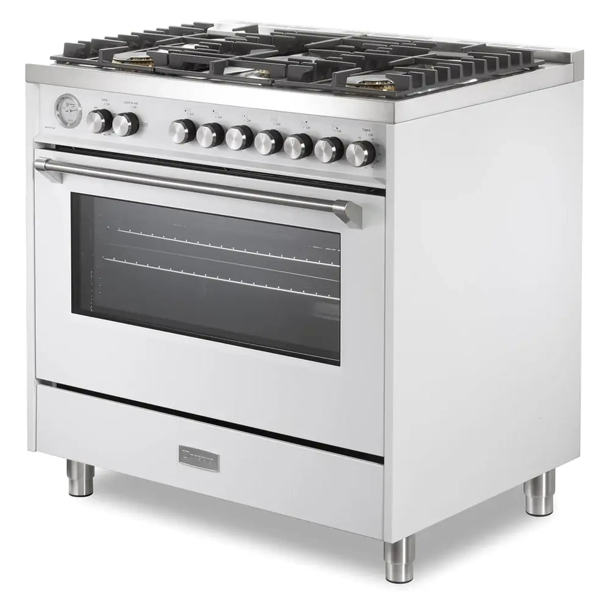 White freestanding gas range with five burners, control panel, and oven door