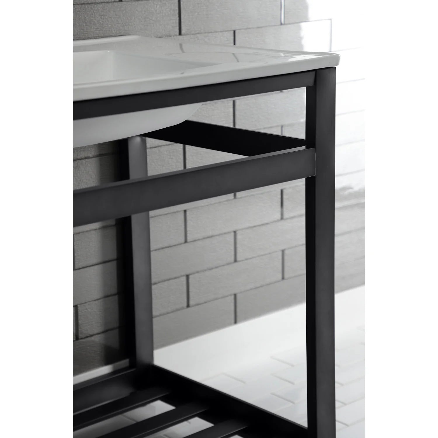 White ceramic sink top on matte black steel frame with open middle shelf