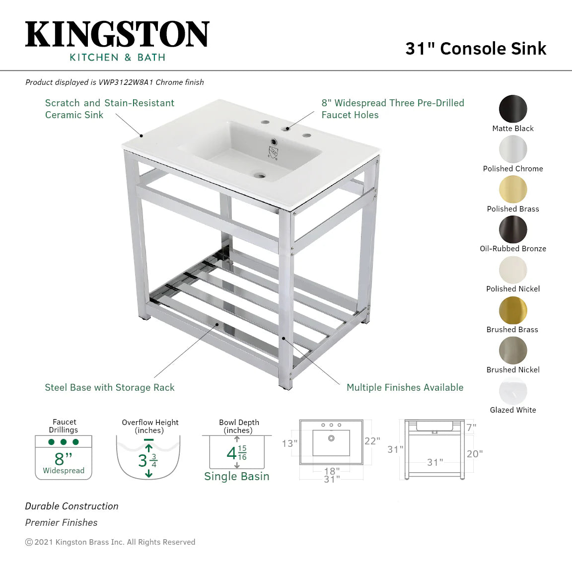 White 31-inch console sink with three pre-drilled faucet holes and polished brass base
