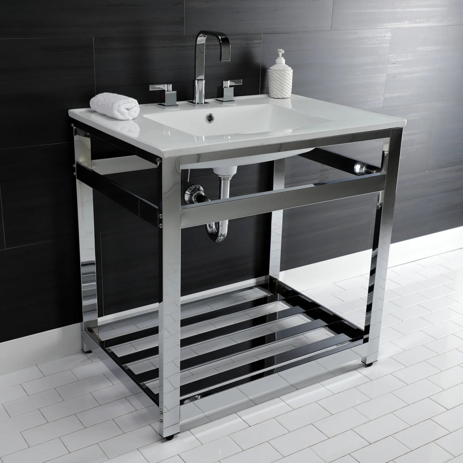 White ceramic sink with chrome faucet on a chrome steel console base with open shelf
