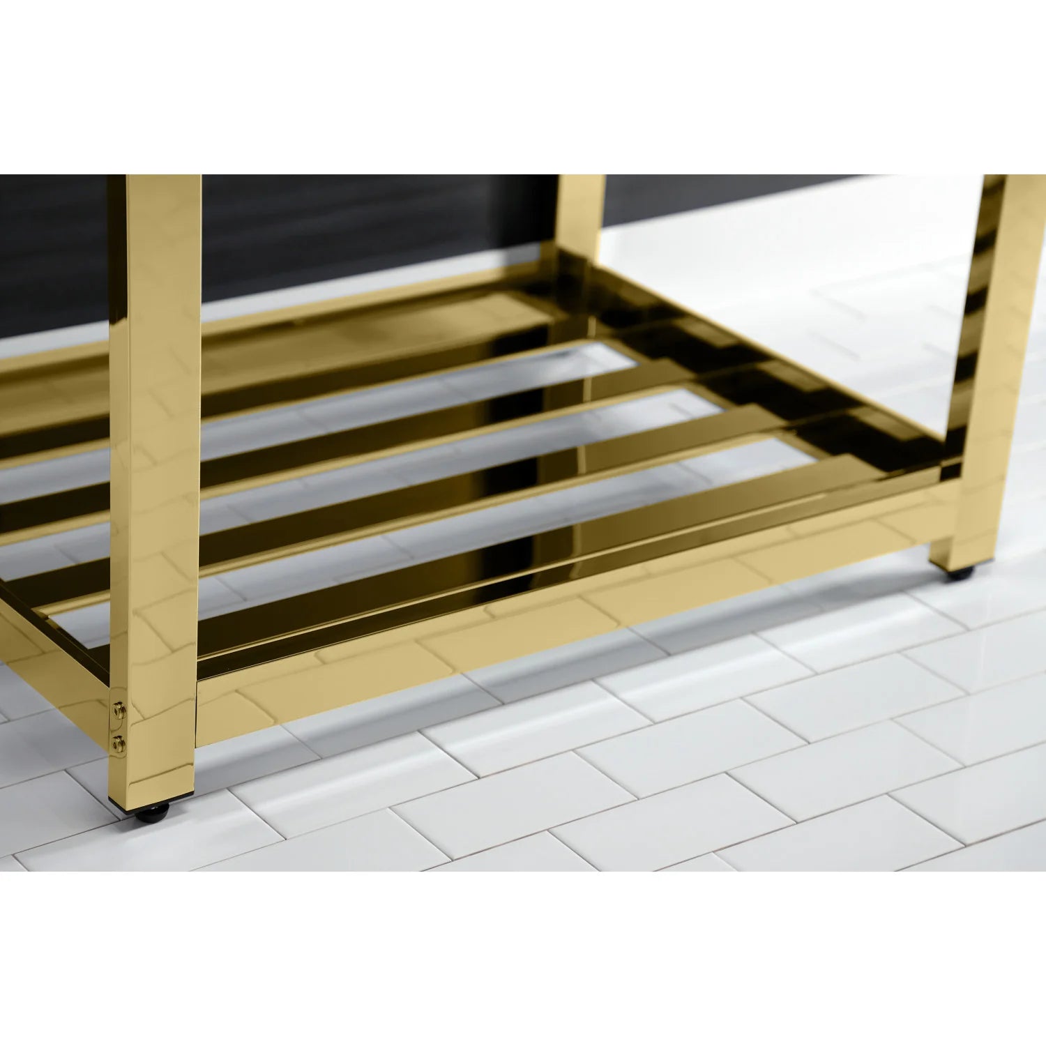 Console sink steel base with storage shelf and polished brass frame under white basin