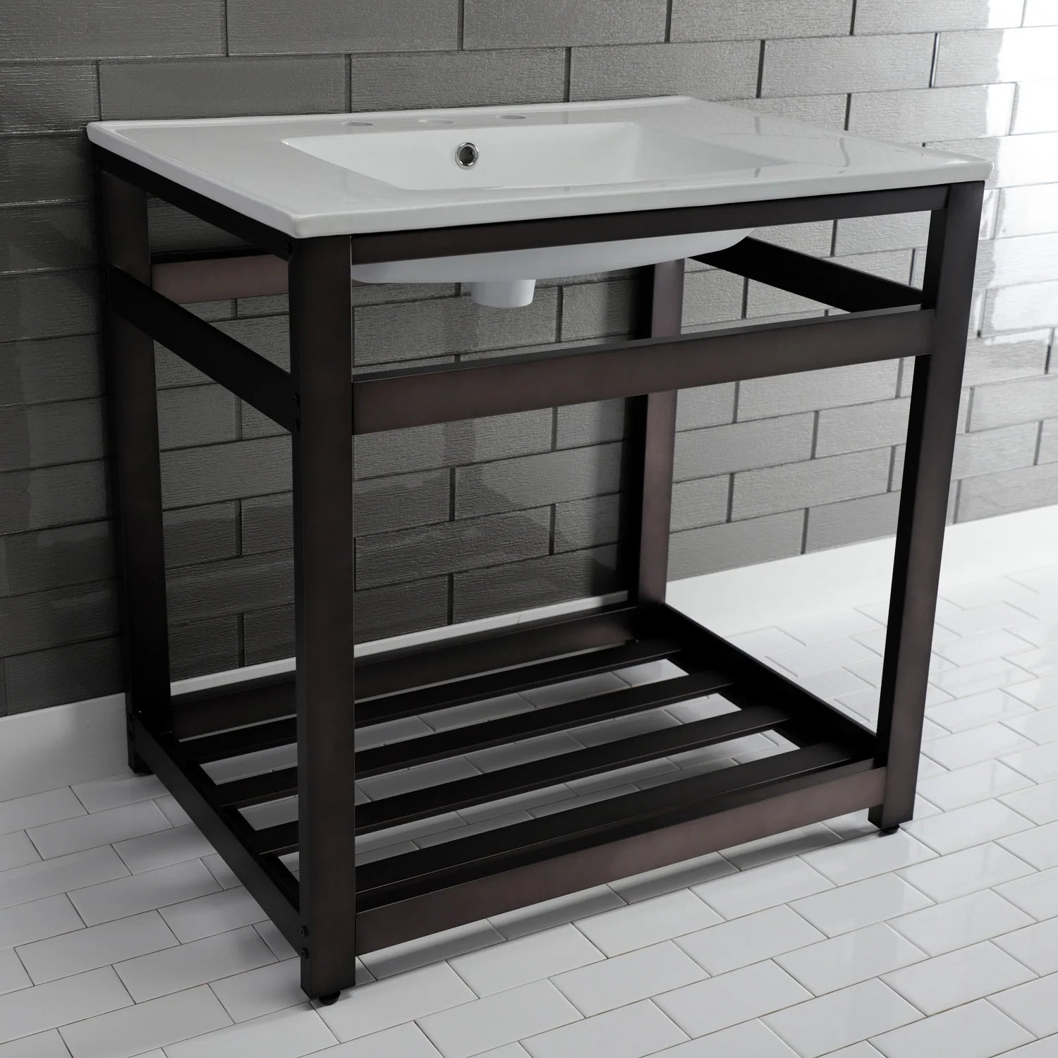 White console sink top with dark bronze frame and open lower shelf