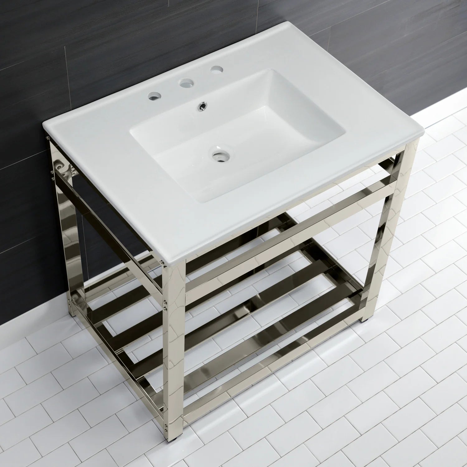 Top view of white ceramic console sink with 3 faucet holes on polished nickel steel frame