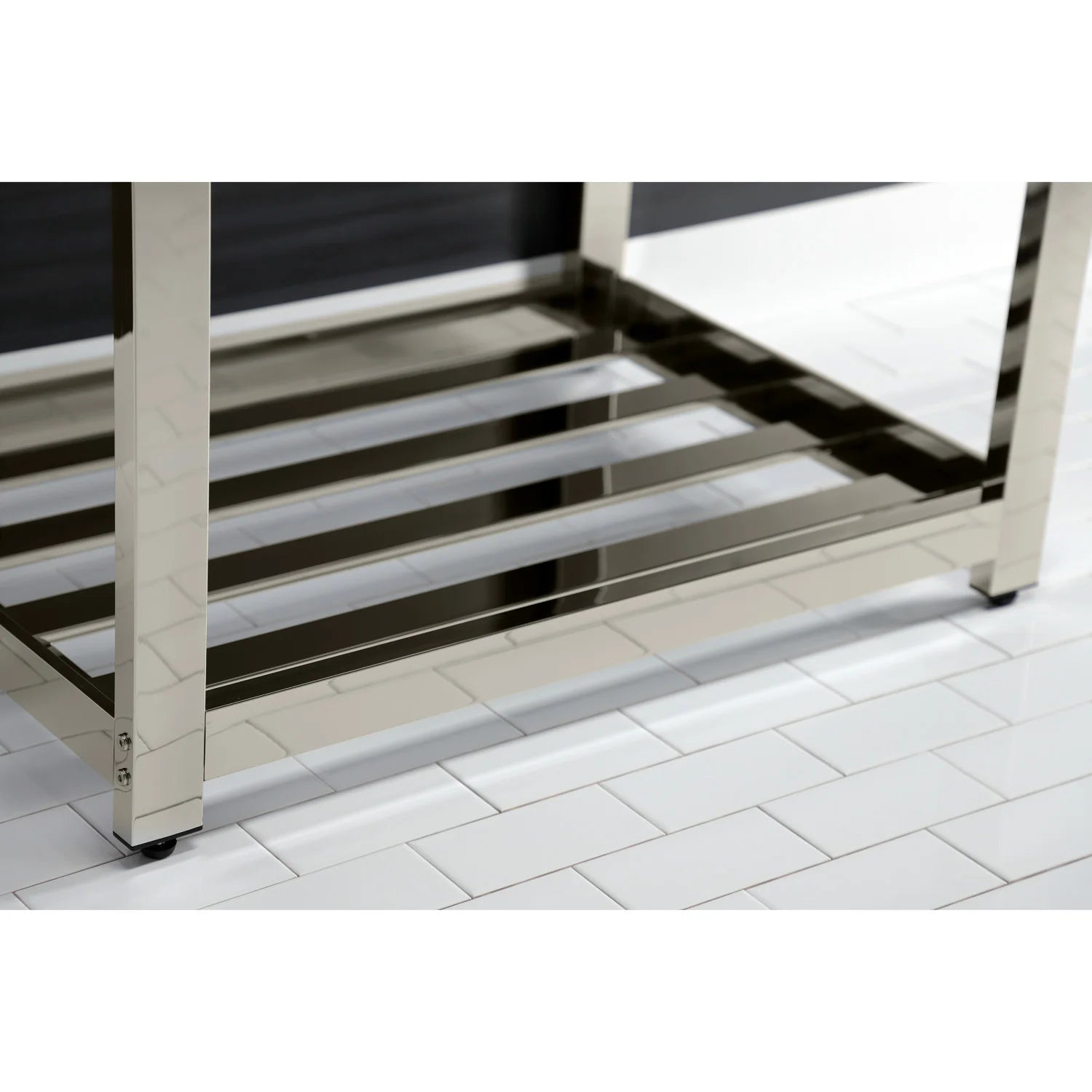 Polished nickel steel console sink frame with slatted bottom shelf under white basin