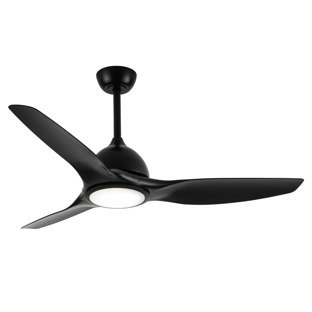 Black 3-blade ceiling fan with LED light centered in round frosted cover