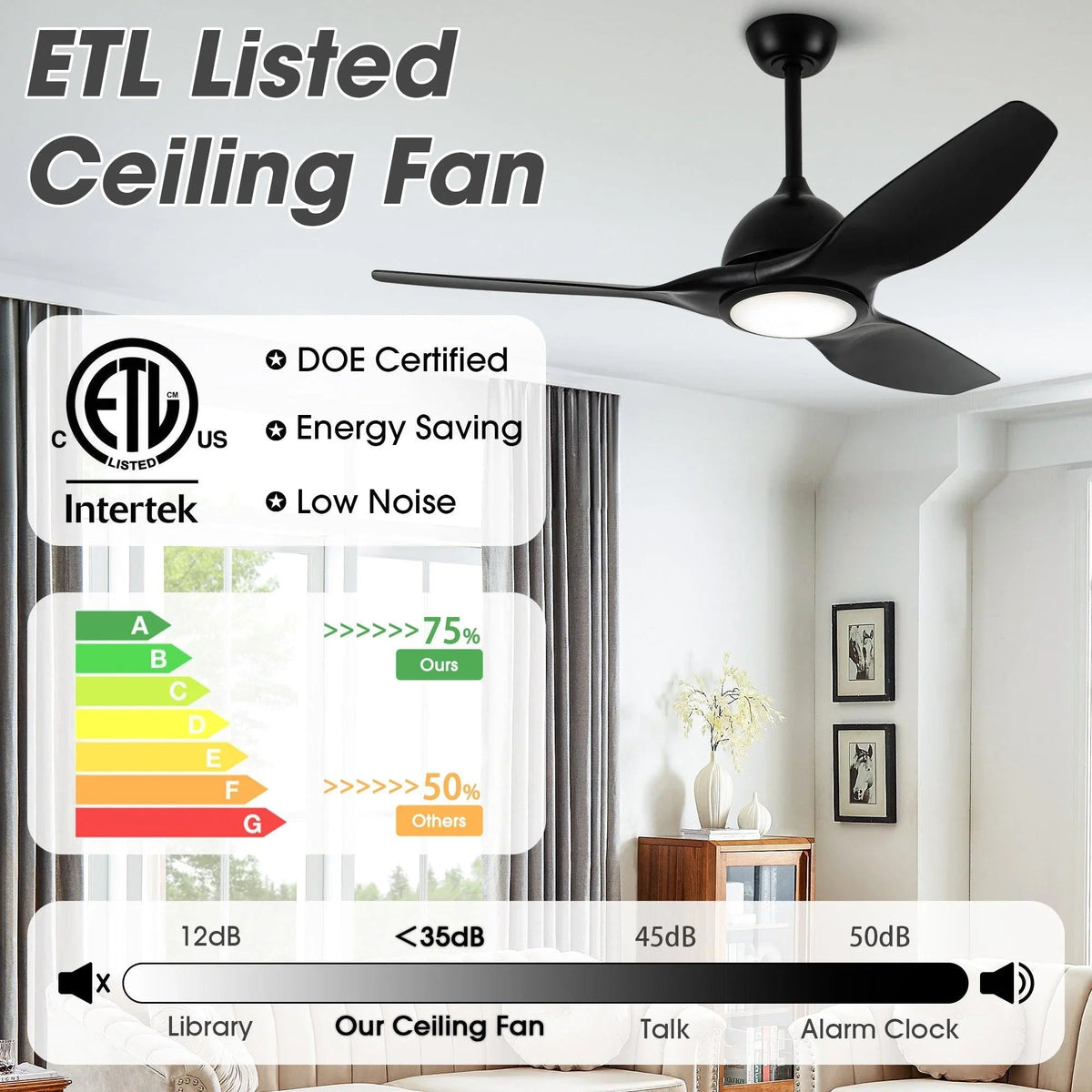 Black 3-blade ceiling fan with integrated LED light and low-noise design