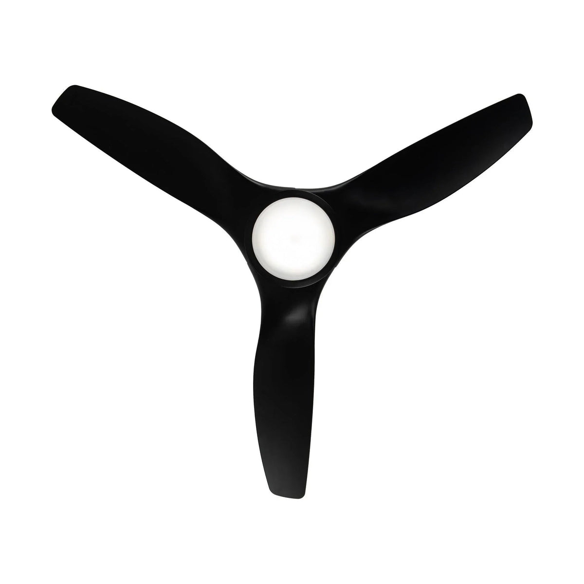 Black 3-blade ceiling fan with integrated LED light diffuser on white background