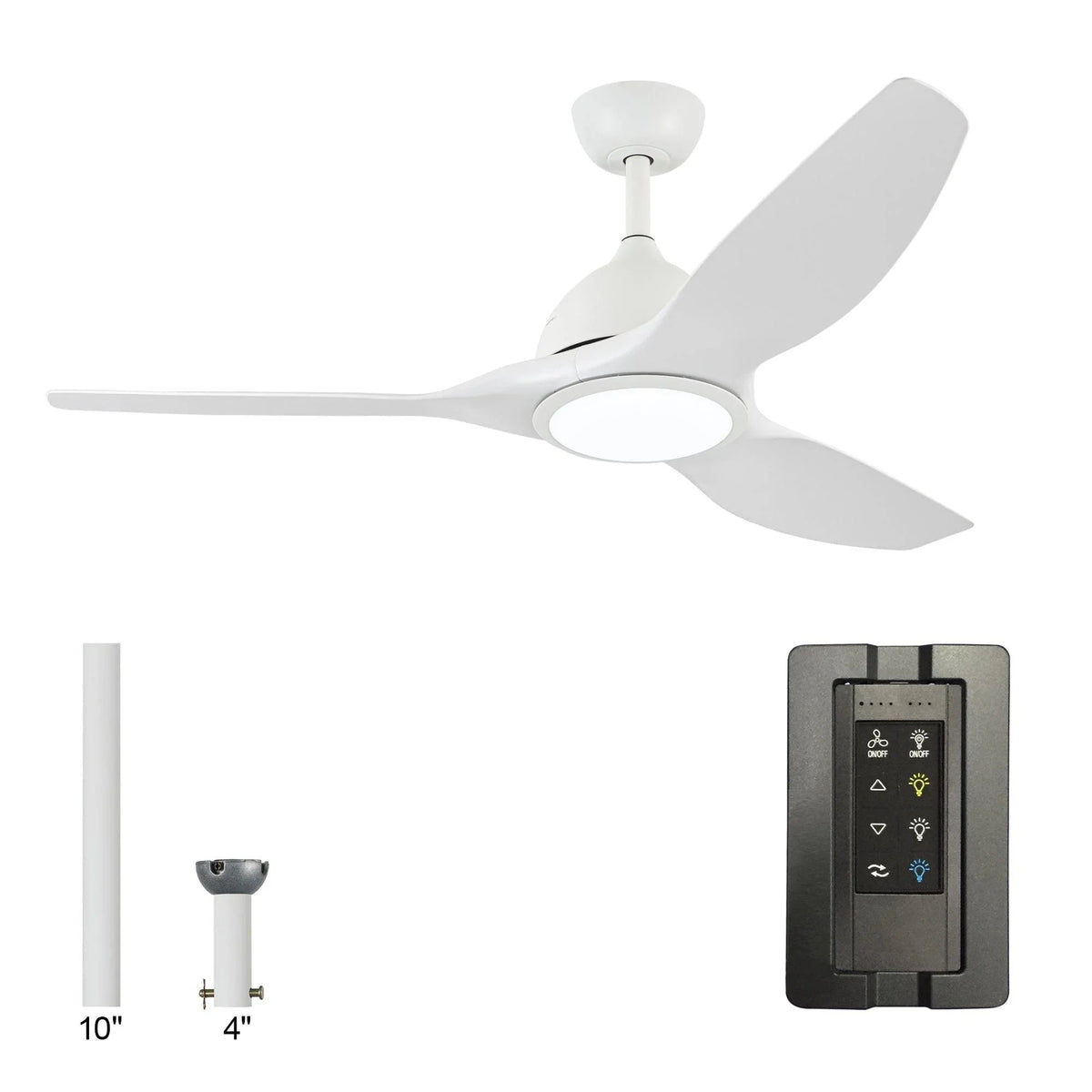 White 3-blade ceiling fan with LED light and matching remote controller