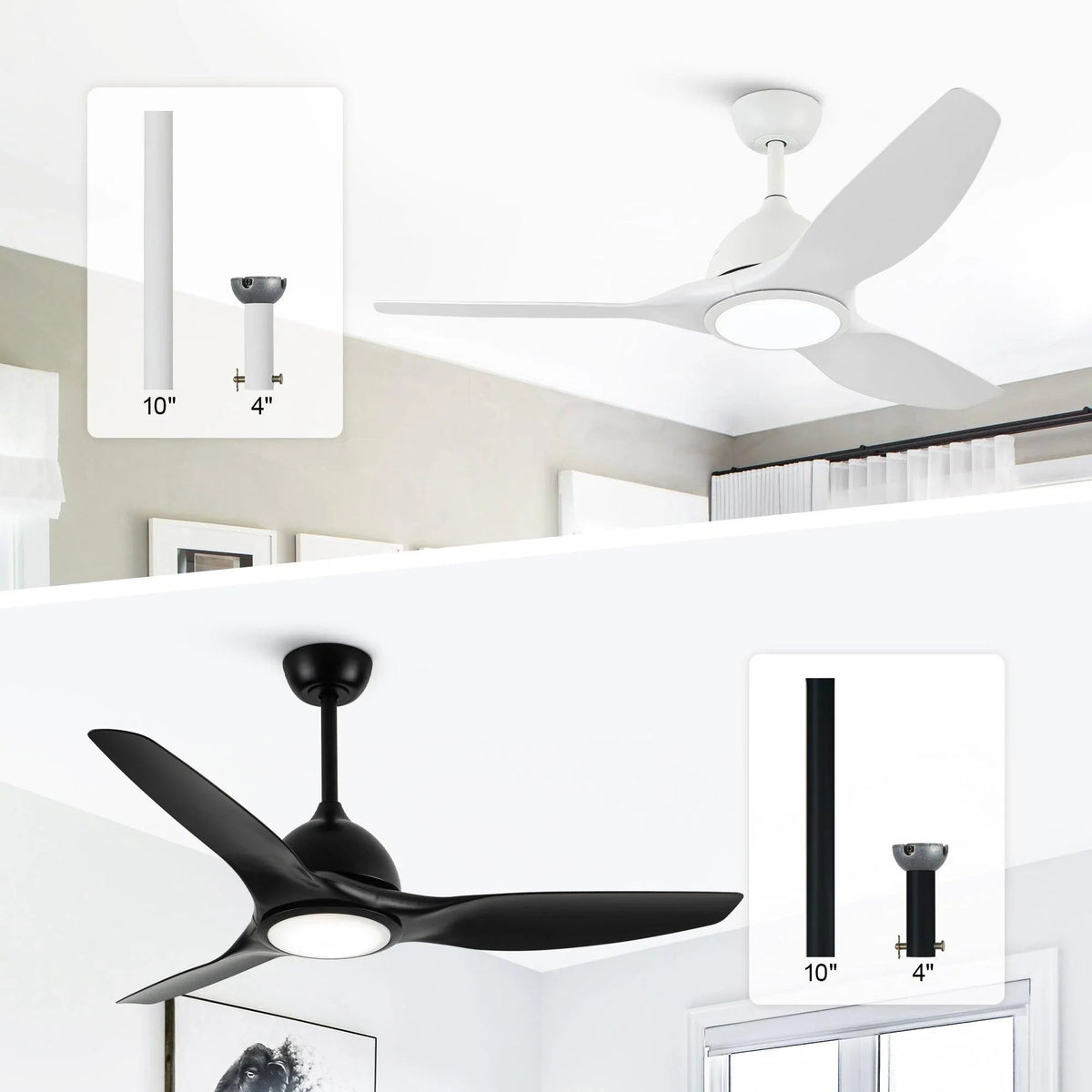White ceiling fan with LED light and matching remote, height dimension shown