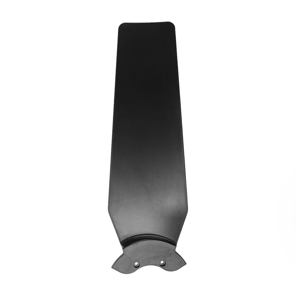 Black ceiling fan blade with mounting hardware, single blade view