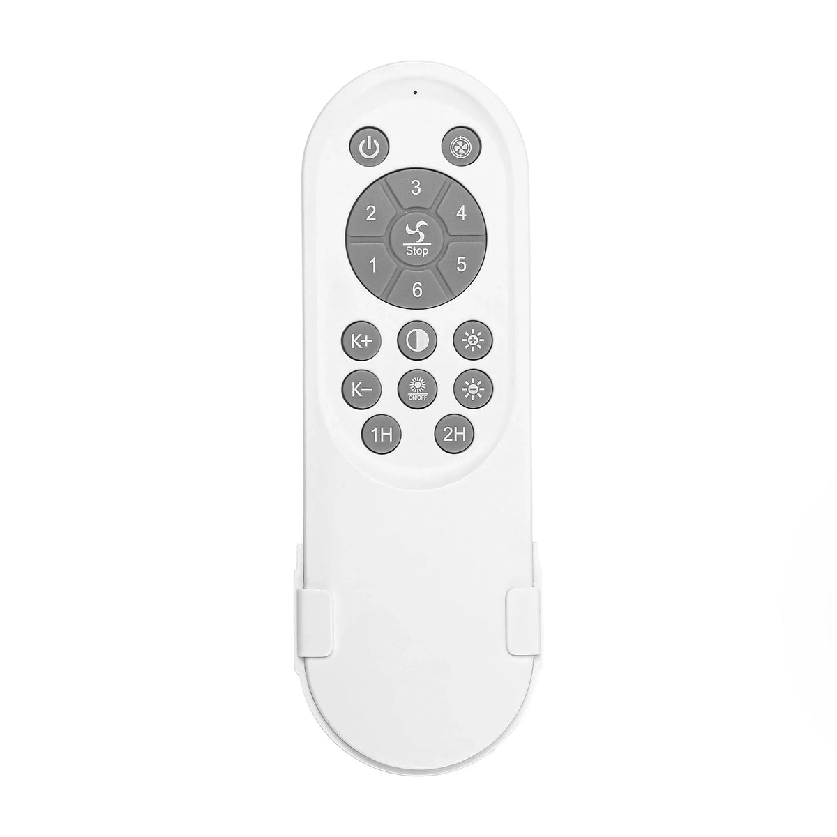 White ceiling fan remote control with buttons for light and fan settings