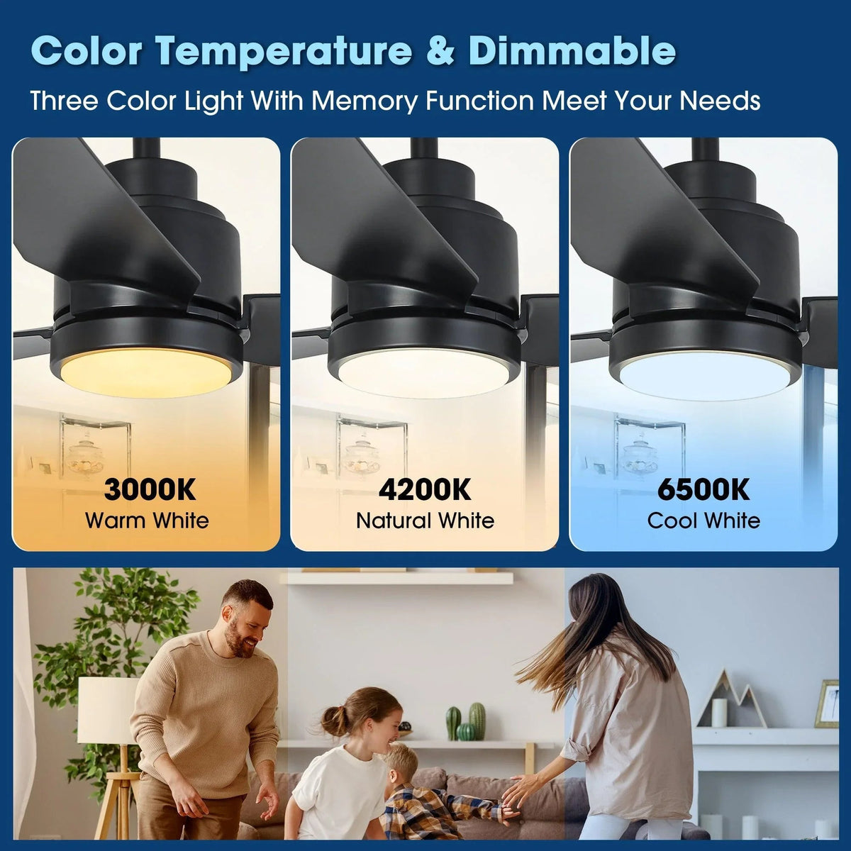 Black ceiling fan with LED light glow under the circular diffuser