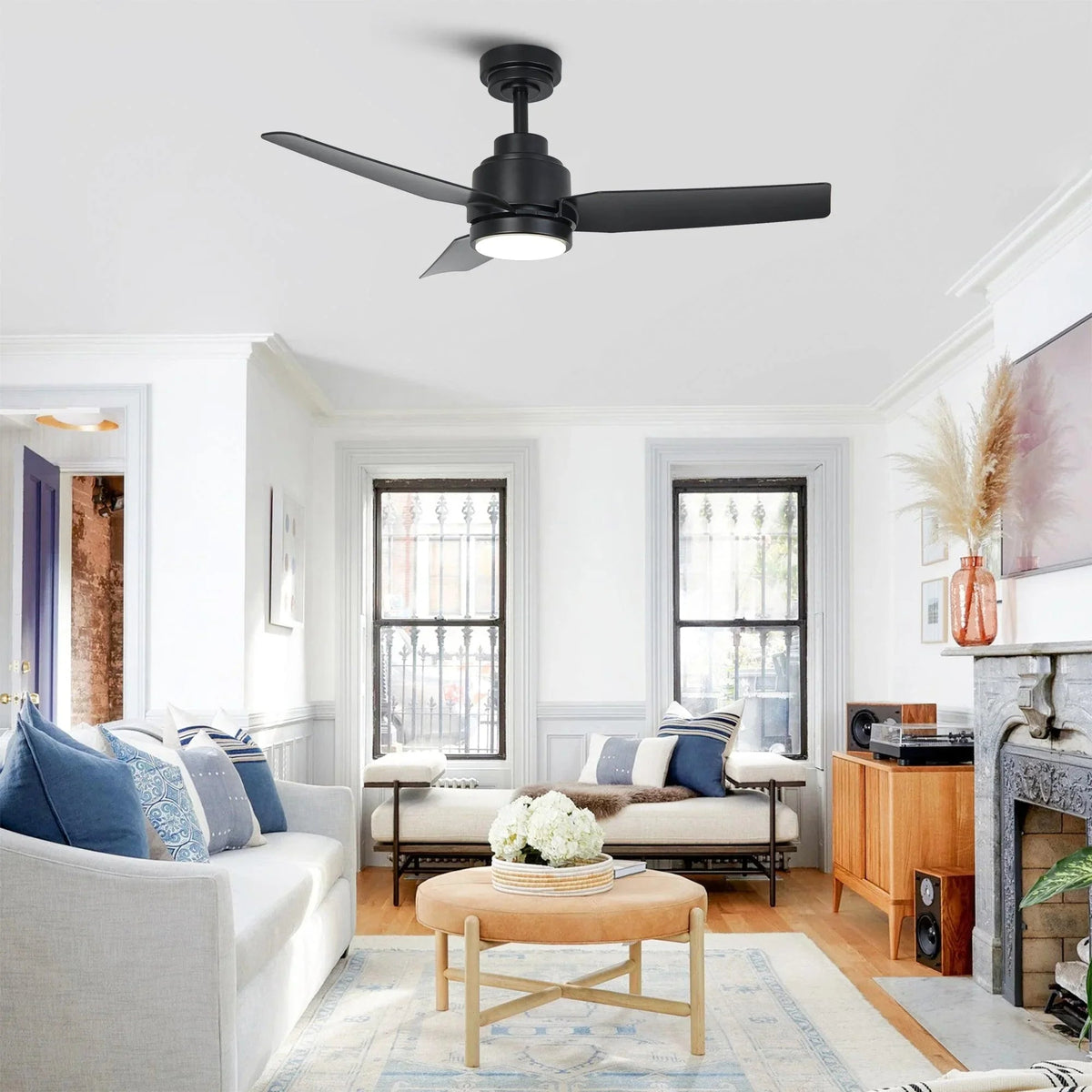 Black modern ceiling fan with LED light, three blades, and downrod support