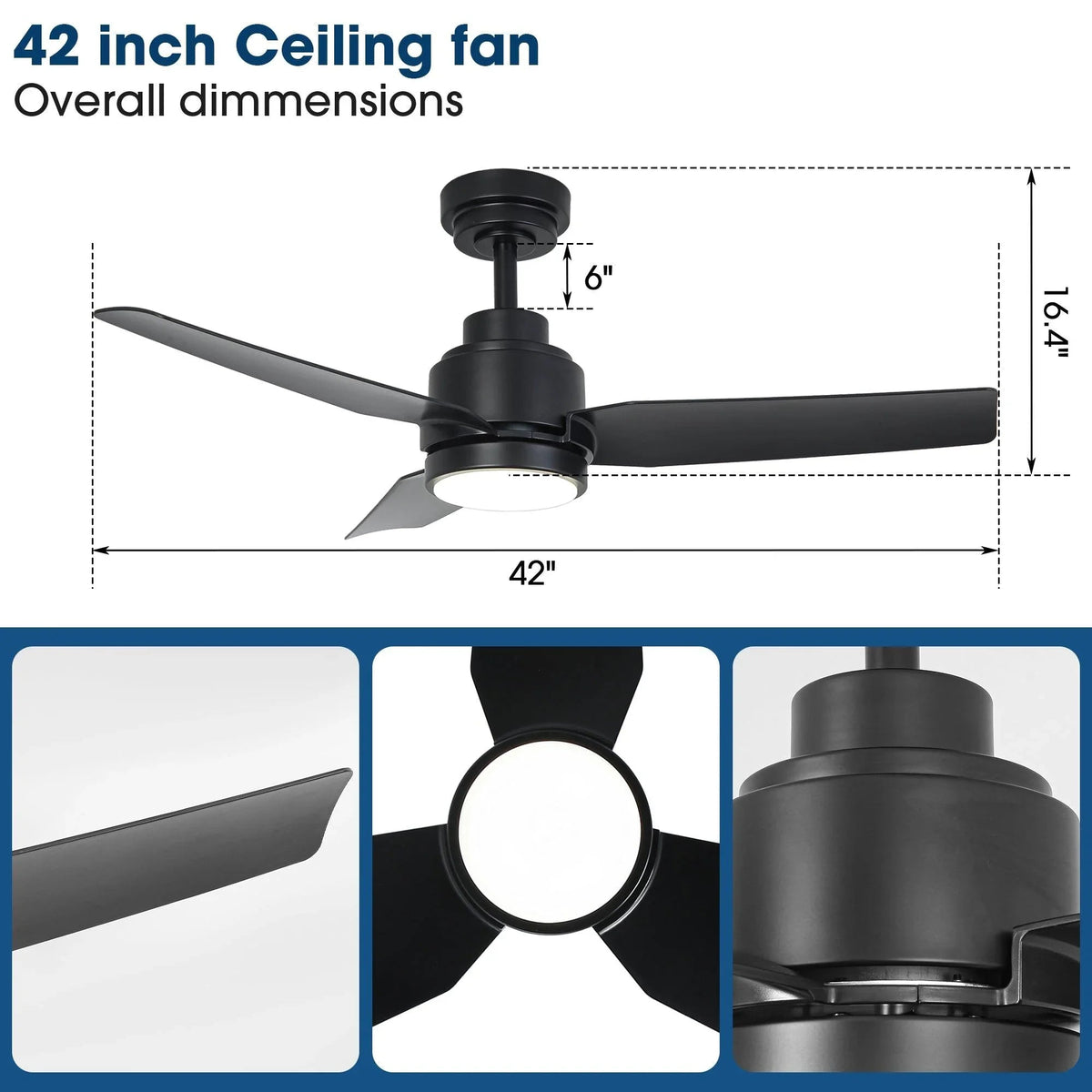 Black 42-inch ceiling fan with dimension lines and round LED light