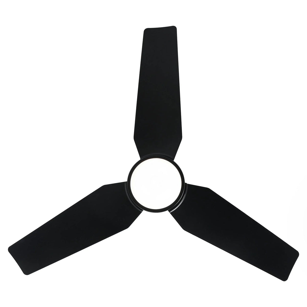 Black ceiling fan with three blades and bright circular LED light