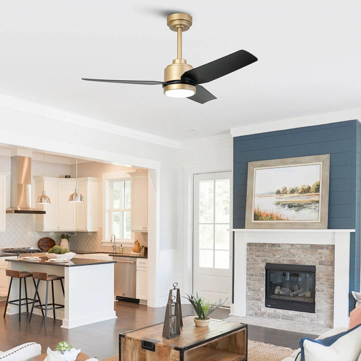 Golden ceiling fan with three black blades