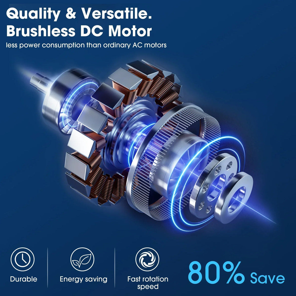 Ceiling fan brushless DC motor cutaway illustration with blue light rings