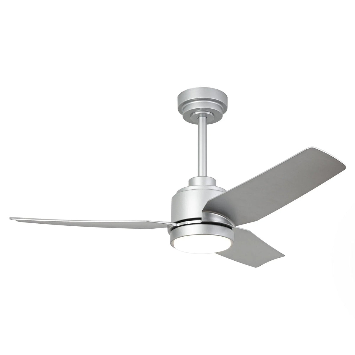Modern 3-blade ceiling fan with LED light, silver finish and downrod mount