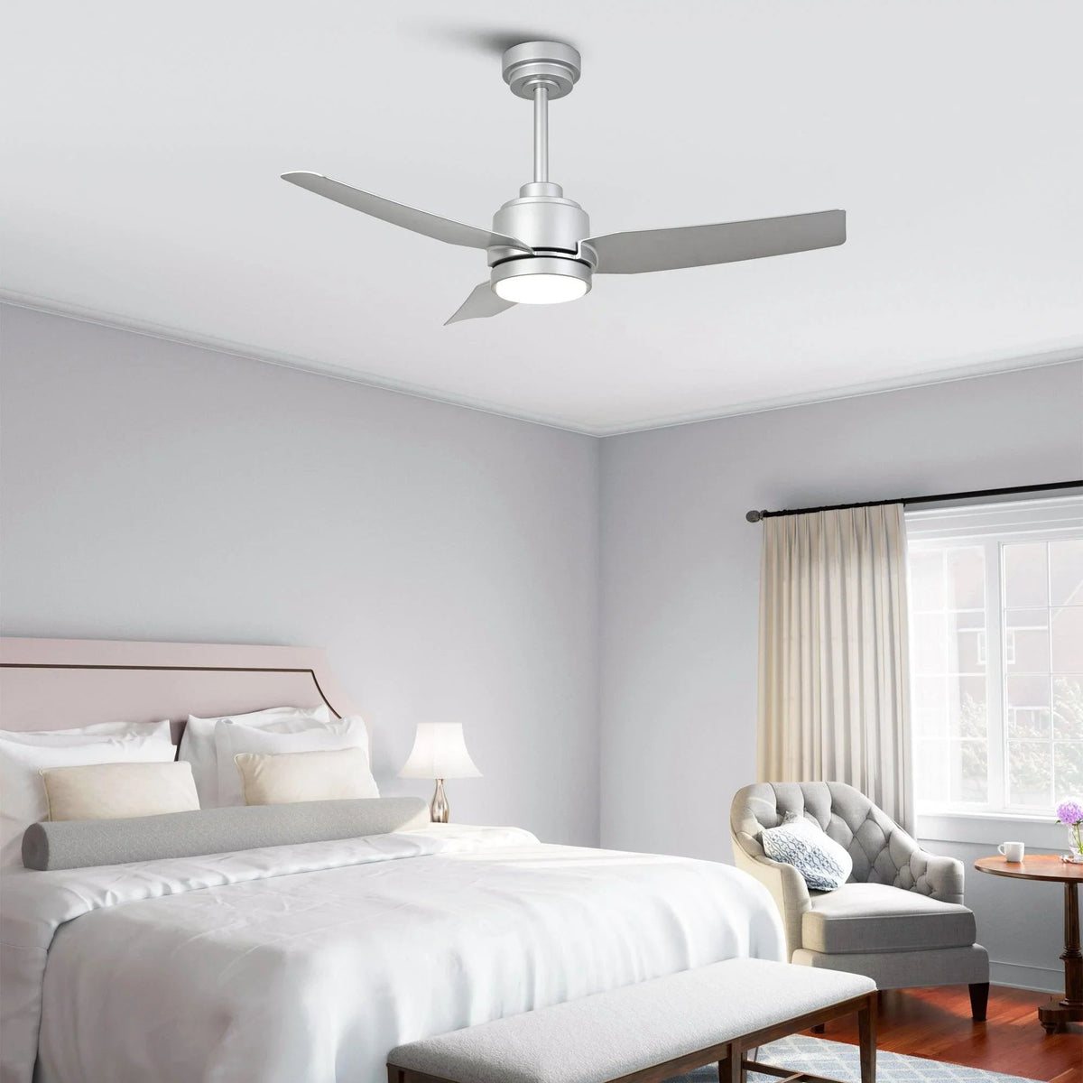 Modern 3-blade ceiling fan with LED light fixture and pull-down downrod
